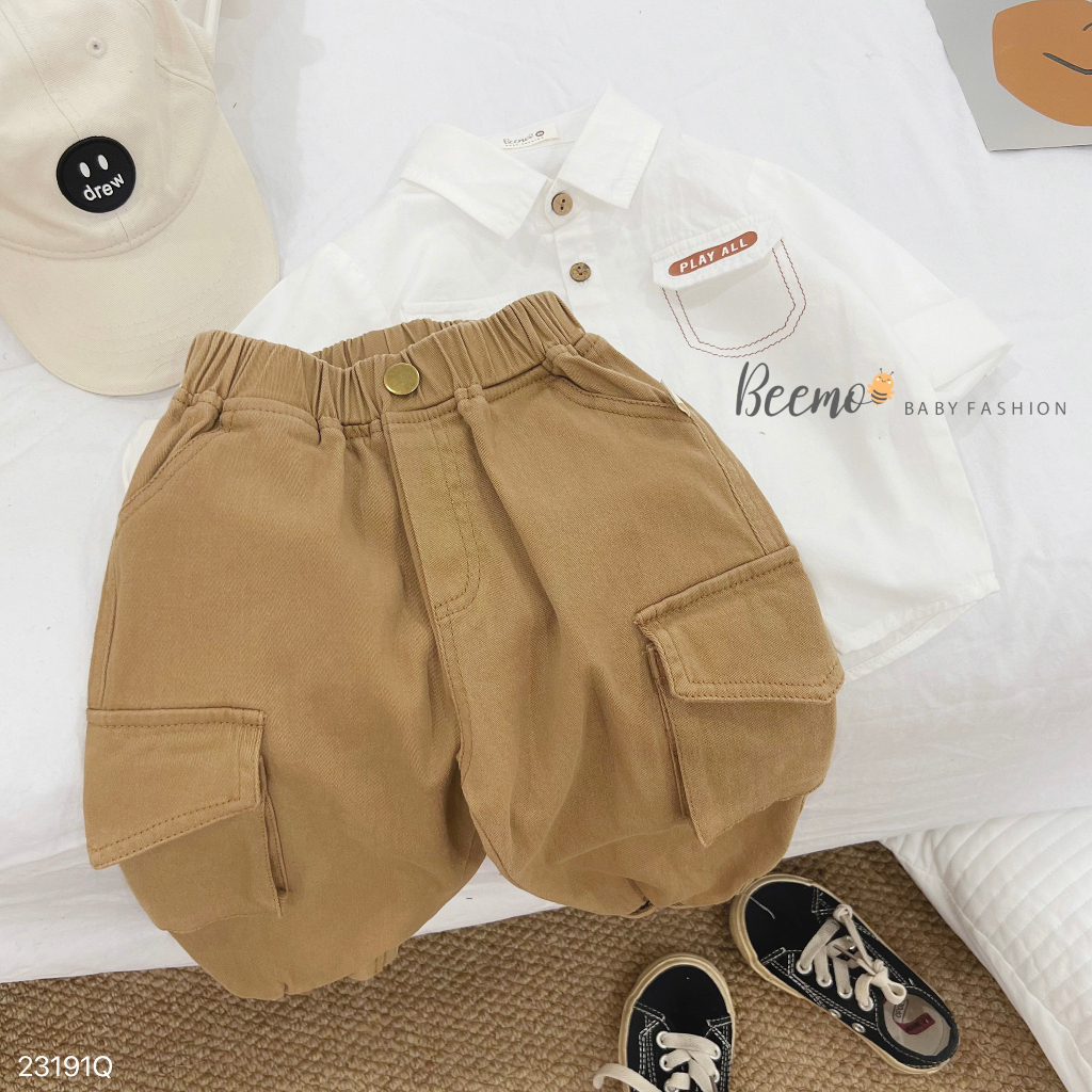 Quần kaki bo gấu phối túi hộp cá tính cho bé, quần dài kaki mềm trơn màu Beemo