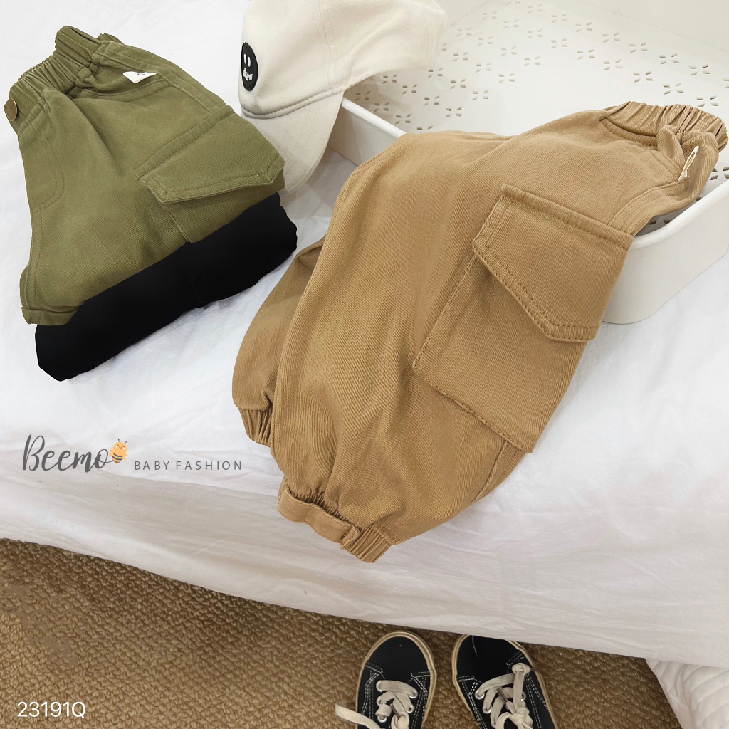 Quần kaki bo gấu phối túi hộp cá tính cho bé, quần dài kaki mềm trơn màu Beemo