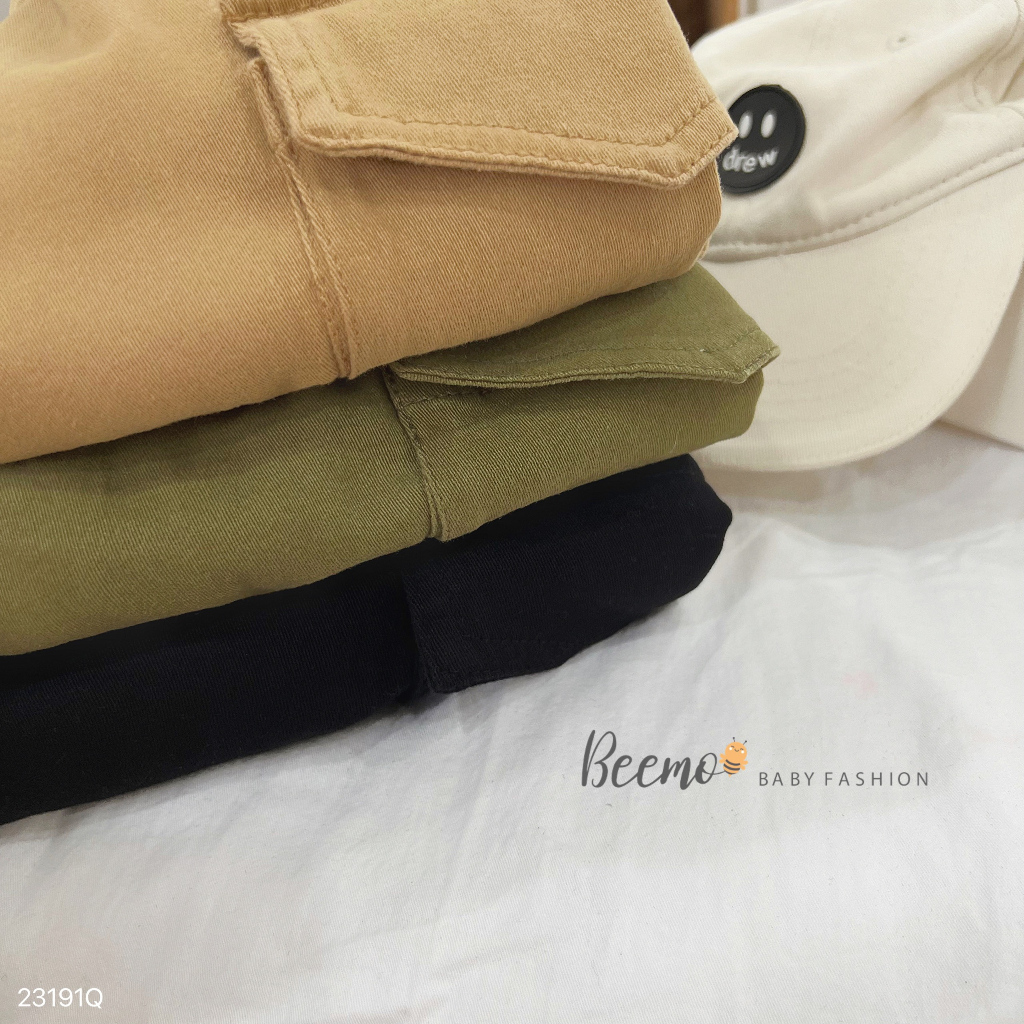 Quần kaki bo gấu phối túi hộp cá tính cho bé, quần dài kaki mềm trơn màu Beemo