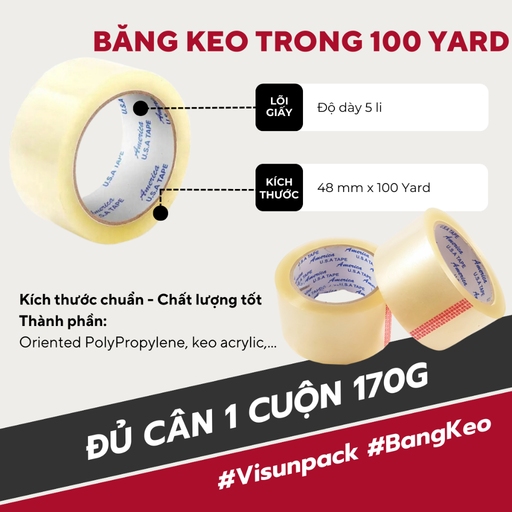 Băng Keo, Băng Dính Trong Suốt 100 Yard Dán Thùng Hộp Đóng Hàng 1 Cuộn Loại 1Kg/Cây