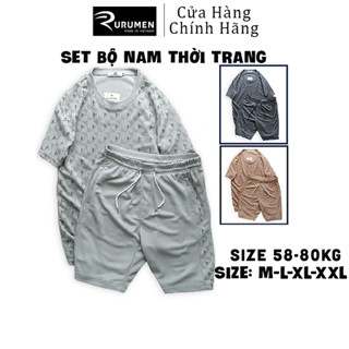  Đồ Bộ Thun Nam Áo Tay Ngắn Quần Short Boy Phố In Logo RURUMEN Xám Kem Xám Nhạt 