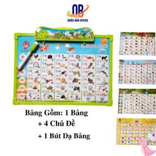 Bảng đọc chữ cái Điện Tử thông minh đa năng 4 tờ cho bé -Tặng kèm 3 viên pin - Quốc Bảo Office