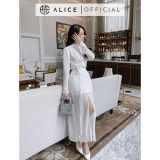 Set Đồ Công Sở ALICE Váy Trắng Áo Sơ Mi Ren Lót Lưới Tay Dài Kèm Chân Váy Dáng Dài Xẻ Tà Đính Hoa Thanh Lịch S390