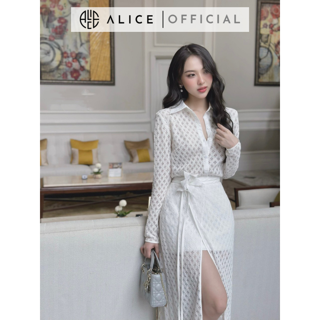 Set Đồ Công Sở ALICE Váy Trắng Áo Sơ Mi Ren Lót Lưới Tay Dài Kèm Chân Váy Dáng Dài Xẻ Tà Đính Hoa Thanh Lịch S390