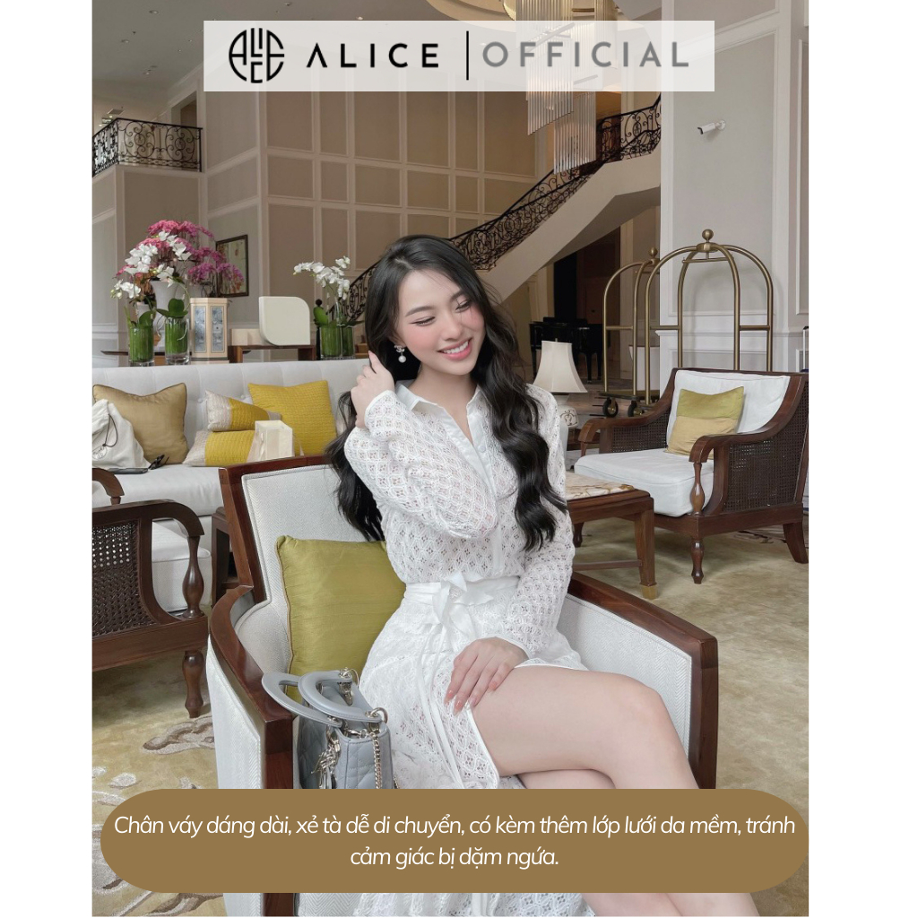 Set Đồ Công Sở ALICE Váy Trắng Áo Sơ Mi Ren Lót Lưới Tay Dài Kèm Chân Váy Dáng Dài Xẻ Tà Đính Hoa Thanh Lịch S390