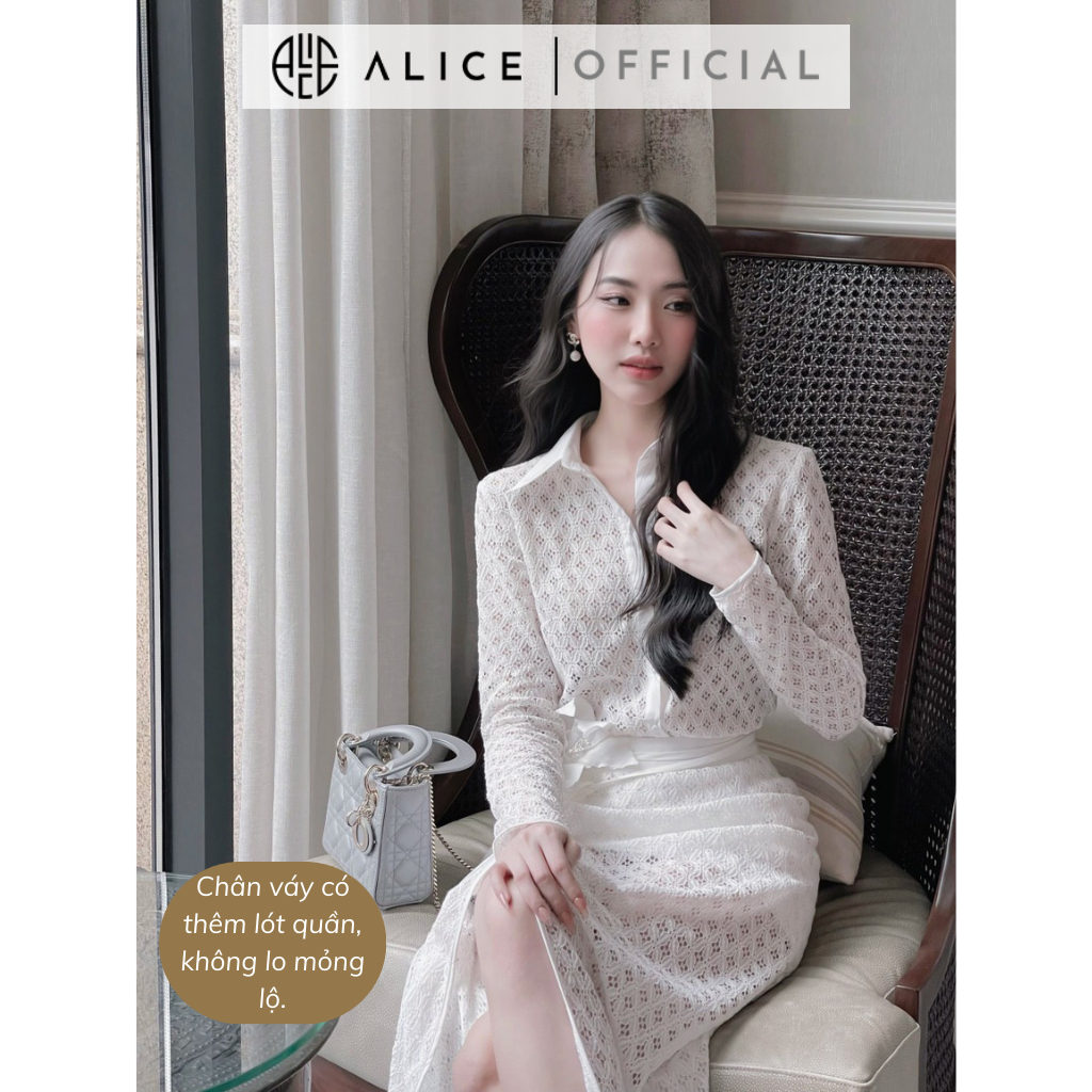 Set Đồ Công Sở ALICE Váy Trắng Áo Sơ Mi Ren Lót Lưới Tay Dài Kèm Chân Váy Dáng Dài Xẻ Tà Đính Hoa Thanh Lịch S390