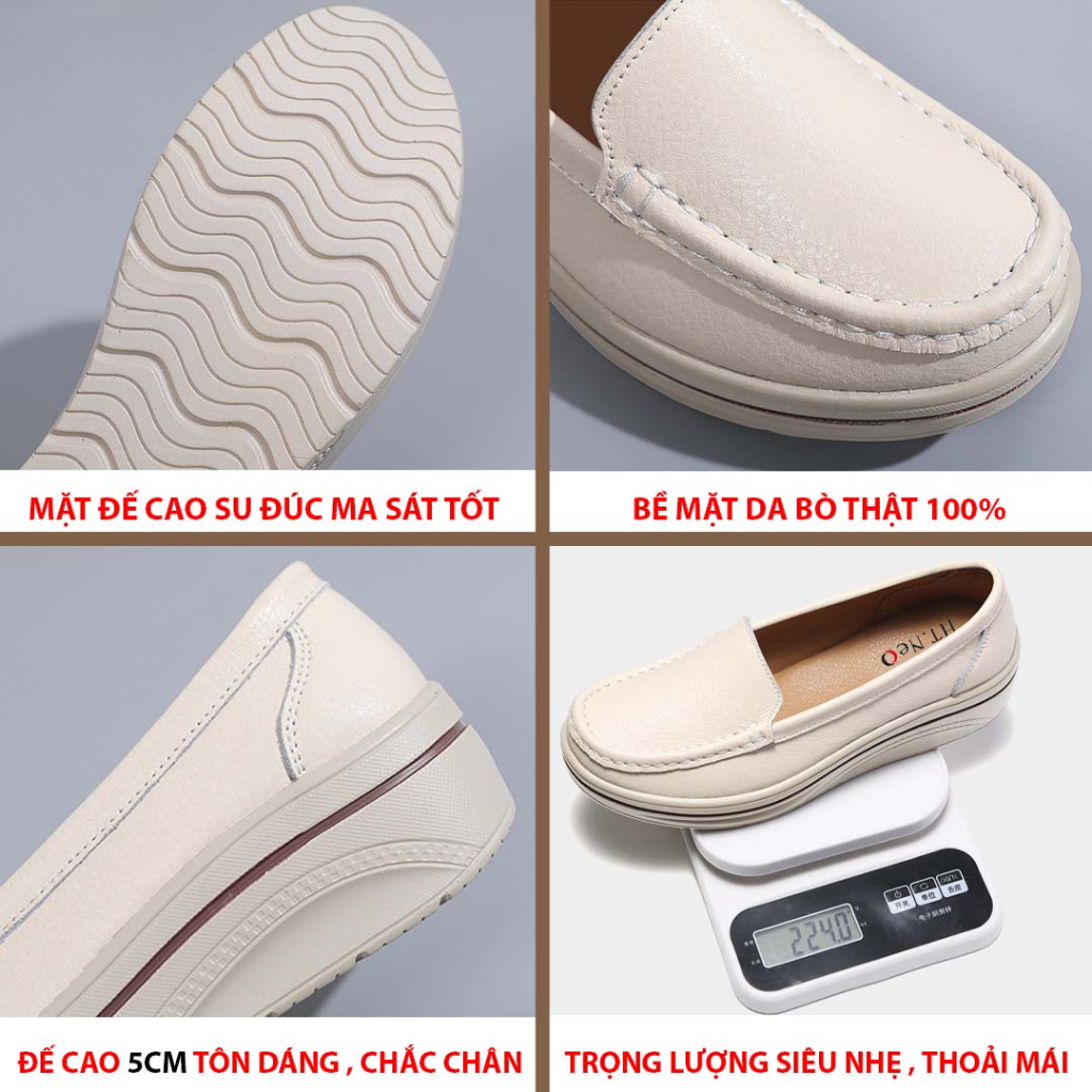 Giày nữ da bò thật HT.NeO , Giày nữ da trơn đế bằng tăng chiều cao 5cm dáng thể thao êm mềm phong cách 4 màu 5058