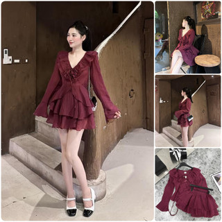 Set áo bèo tay loe đỏ đô có lót trên + chân váy tầng