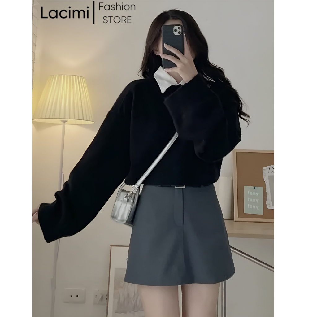 Áo len croptop trơn dài tay LACIMI dáng ngắn