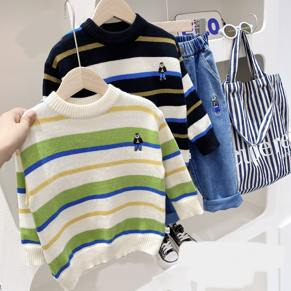 Áo len kẻ thêu gấu MD1783 cho bé trai 3-9 tuổi Mẫu mới 2024 - Little Maven Official Store