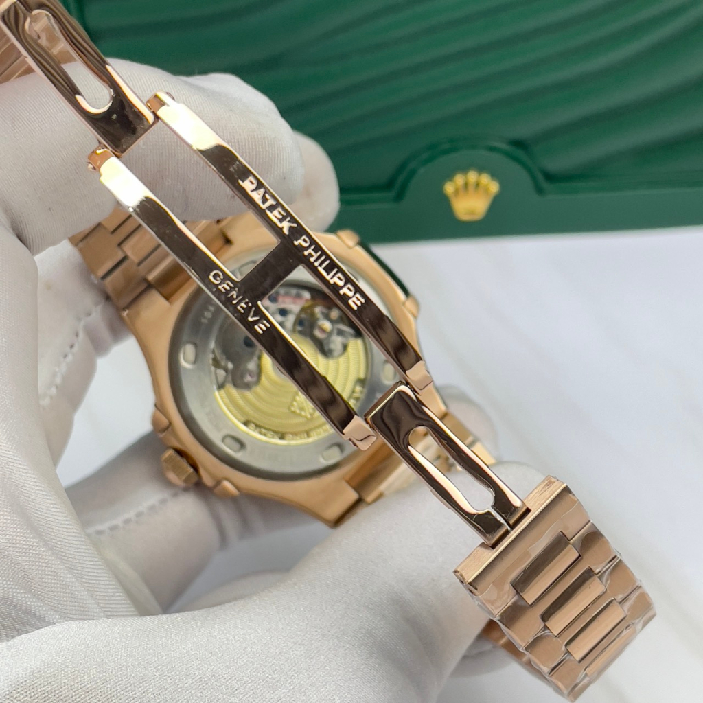 Đồng hồ Nam PT vuông vành đá vuông 5kim 1lich  mặt xanh viền vàng máy nhật dòng cơ Automatic size 40mm dây kim loại