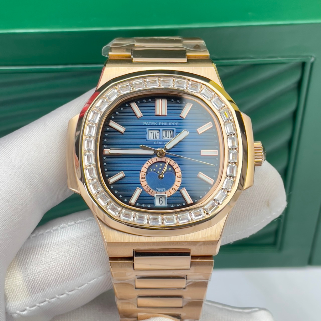 Đồng hồ Nam PT vuông vành đá vuông 5kim 1lich  mặt xanh viền vàng máy nhật dòng cơ Automatic size 40mm dây kim loại