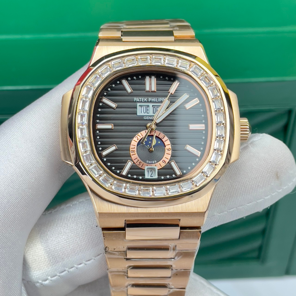 Đồng hồ Nam PT vuông vành đá vuông 5kim 1lich  mặt xanh viền vàng máy nhật dòng cơ Automatic size 40mm dây kim loại