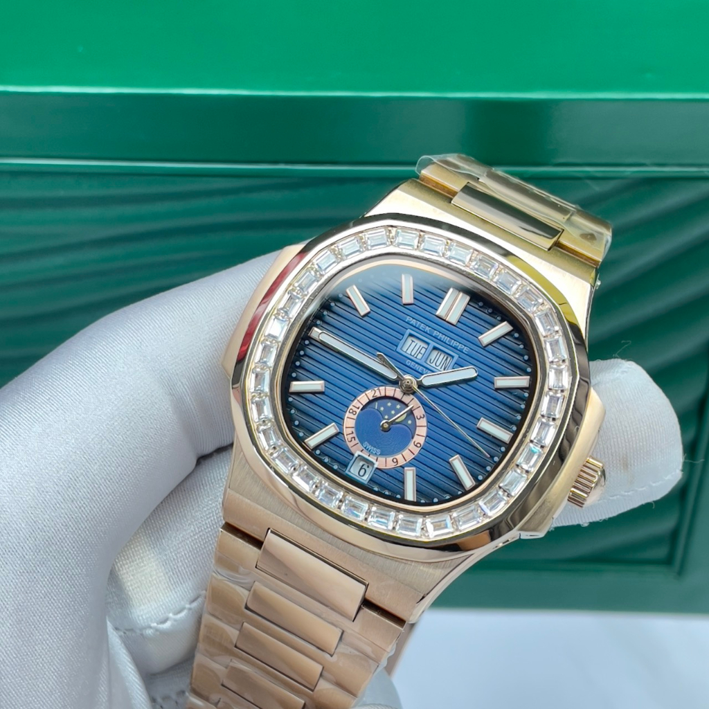 Đồng hồ Nam PT vuông vành đá vuông 5kim 1lich  mặt xanh viền vàng máy nhật dòng cơ Automatic size 40mm dây kim loại