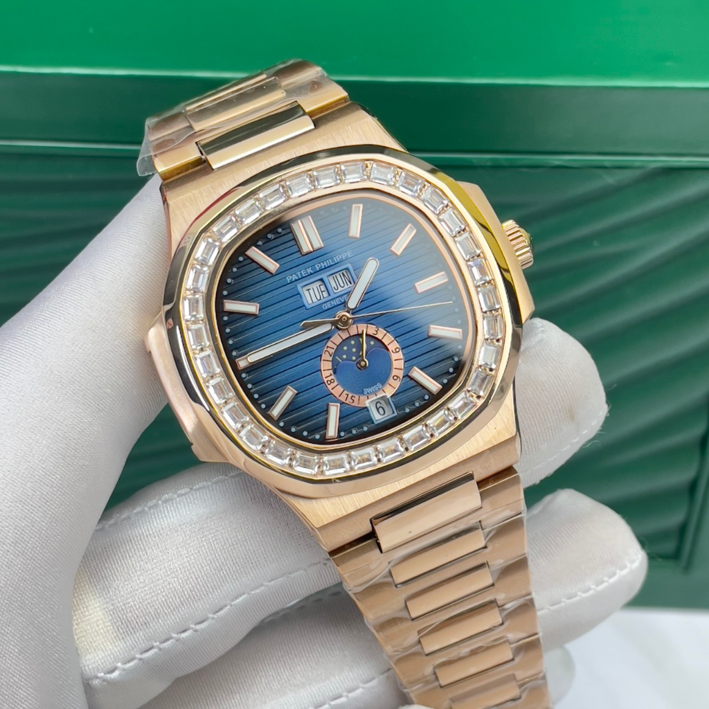 Đồng hồ Nam PT vuông vành đá vuông 5kim 1lich  mặt xanh viền vàng máy nhật dòng cơ Automatic size 40mm dây kim loại