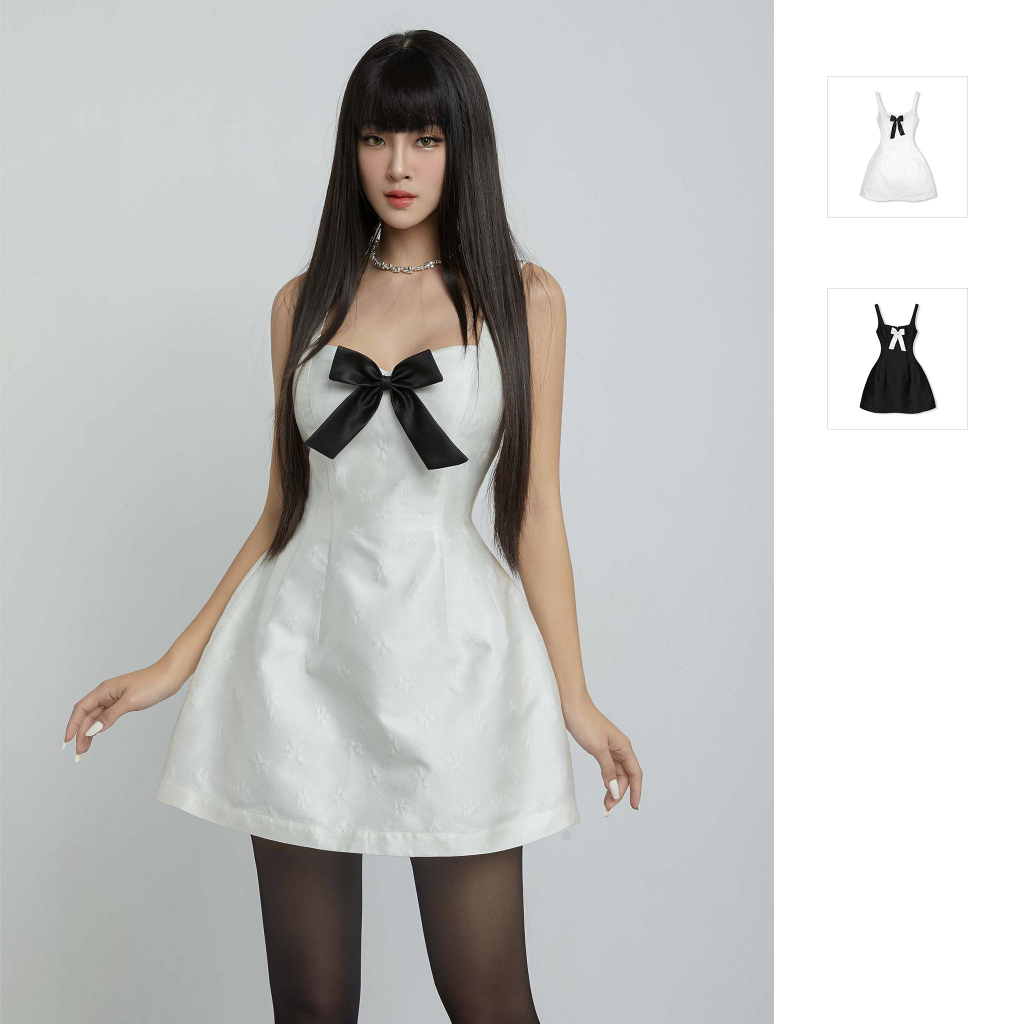 Đầm Nữ Ngắn String Minimal Black White, Chất Vải Gấm Thoải Mái, WDN054-01,SOMEHOW
