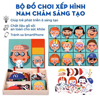  Đồ Chơi Gỗ Xếp Hình Nam Châm 2 Mặt – Sáng Tạo Chủ Đề Mặt Người Giáo Dục Montessori 