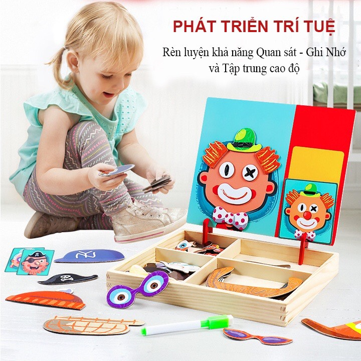ĐỒ CHƠI GỖ, ĐỒ CHƠI XẾP HÌNH, Hộp Xếp Hình Nam Châm Sáng Tạo 2 Mặt, Chủ Đề Mặt Người