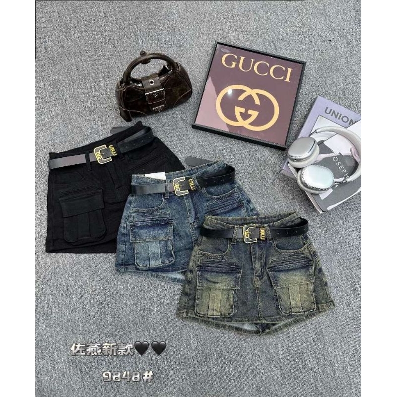 Chân váy jeans túi hộp kèm đai miu hàng QCL1