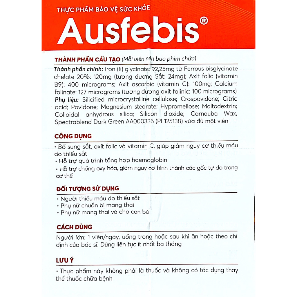 Viên uống bổ sung Sắt và Vitamin phòng ngừa thiếu máu Ausfebis 30 viên chính hãng đủ hoá đơn