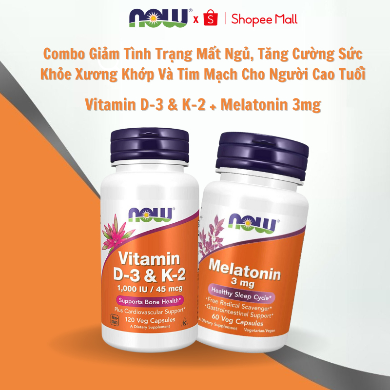 Combo giảm tình trạng mất ngủ, tăng cường sức khỏe xương khớp và tim mạch cho người cao tuổi Melatonin 3mg + D-3 & K-2