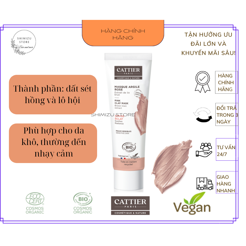 Bản Pháp hàng Nội địa  - Mask đất sét của Cattier clay mask aloe vera trắng da 100ml