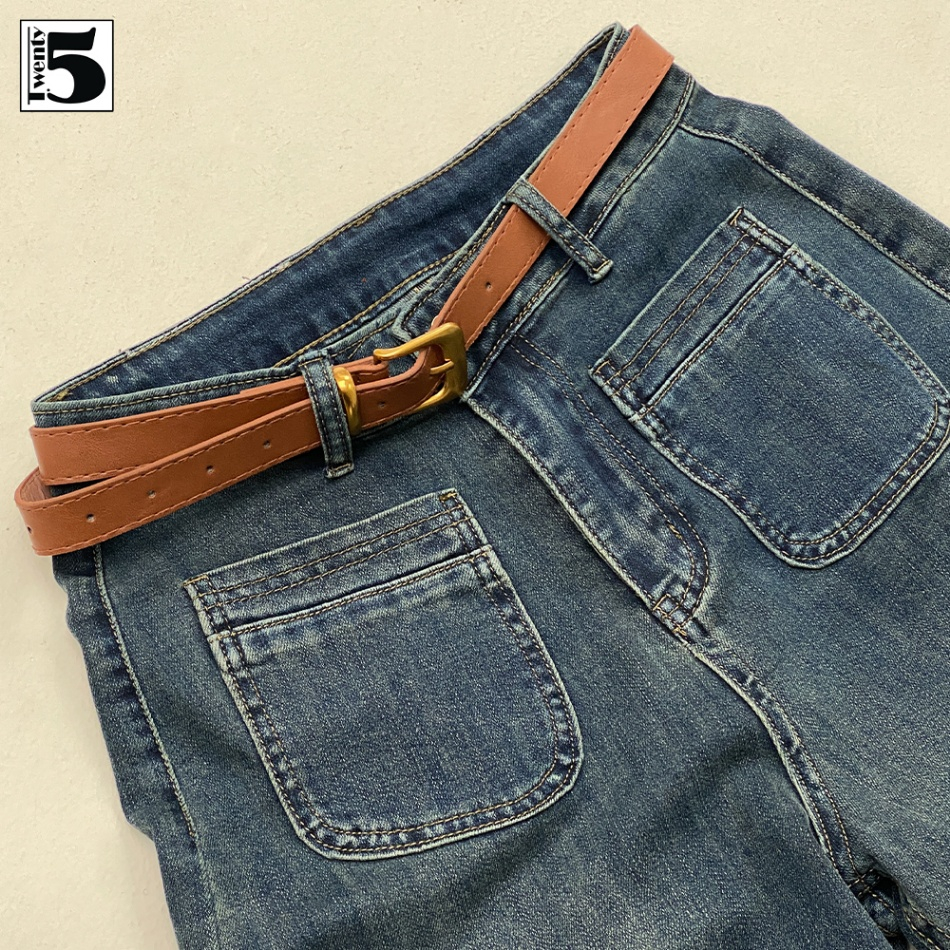 Quần jeans nữ Twentyfive ống rộng dài cá tính cạp cao túi ốp mặt trước kèm thắt lưng 5027