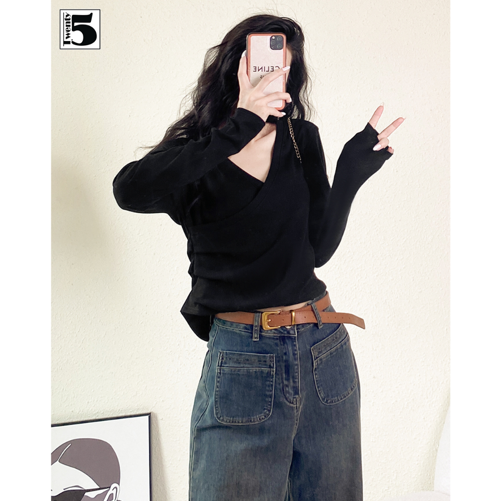 Quần jeans nữ Twentyfive ống rộng dài cá tính cạp cao túi ốp mặt trước kèm thắt lưng 5027