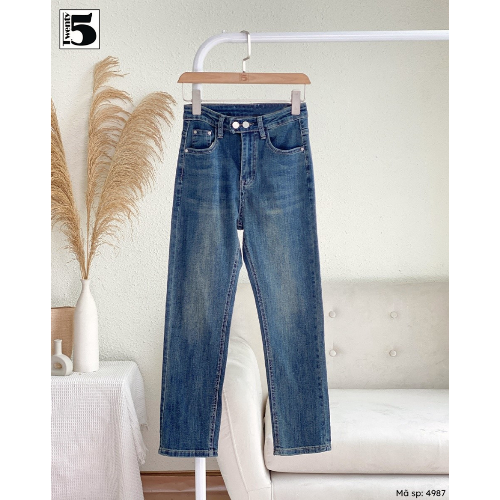 Quần jeans nữ ống đứng Twentyfive cạp cao tôn dáng cúc đôi vải mềm co dãn 4987