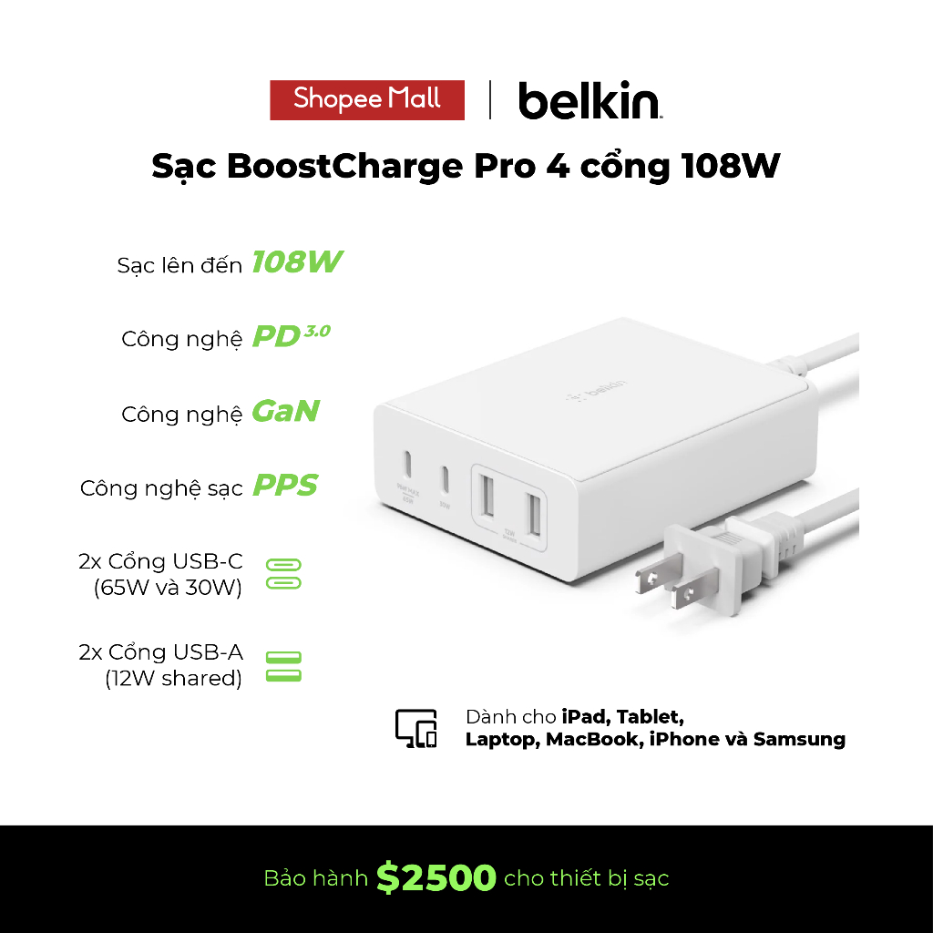 Sạc nhanh BOOST↑CHARGE™ PRO Belkin 108W (4 cổng) GaN - 2 USB C và 2 USB A B7 (tương thích iPhone 15)