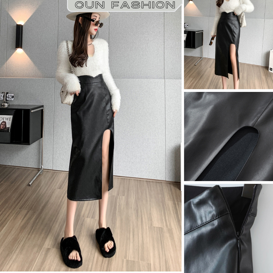 Chân váy dáng dài xẻ tà chất da cho nữ đẹp phong cách sang xịn mịn VD07