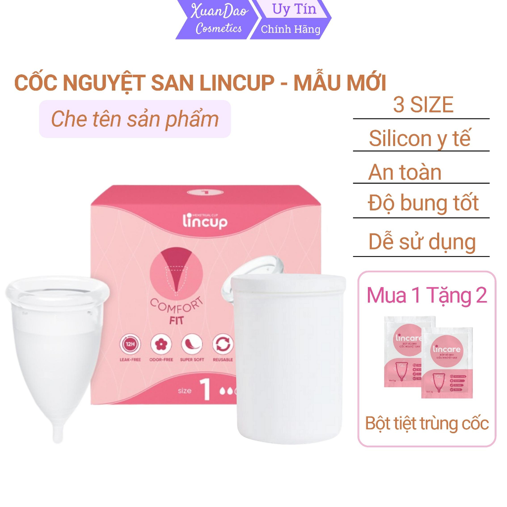 Cốc nguyệt san lincup, cốc nguyệt san, sinh thường, sinh mổ, chưa sinh, 3 size, silicon y tế kháng chuẩn 100%