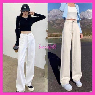 Quần jeans trắng cạp cao chất liệu bò dày đẹp phom suông rộng hack dáng