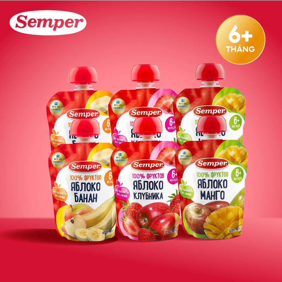 Combo 6 gói mix Trái cây nghiền các vị Semper 90g dành cho bé từ 6 tháng trở lên