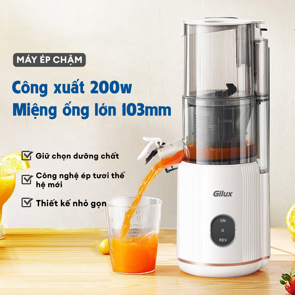 Máy ép trái cây Gilux 200w chính hãng - ép kiệt bã - nguyên quả giữ nguyên dinh dưỡng- Bảo hành 12 tháng