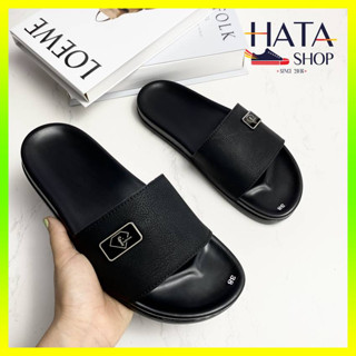 Dép da nam quai ngang CAO CẤP gắn logo FASHION cực sang chảnh êm chân, đi nước tốt