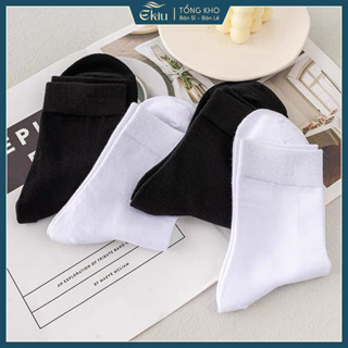 Tất trơn cổ vừa nam nữ trắng đen Classic, chất liệu cottonco giãn 4 chiều - Ekiu Shop