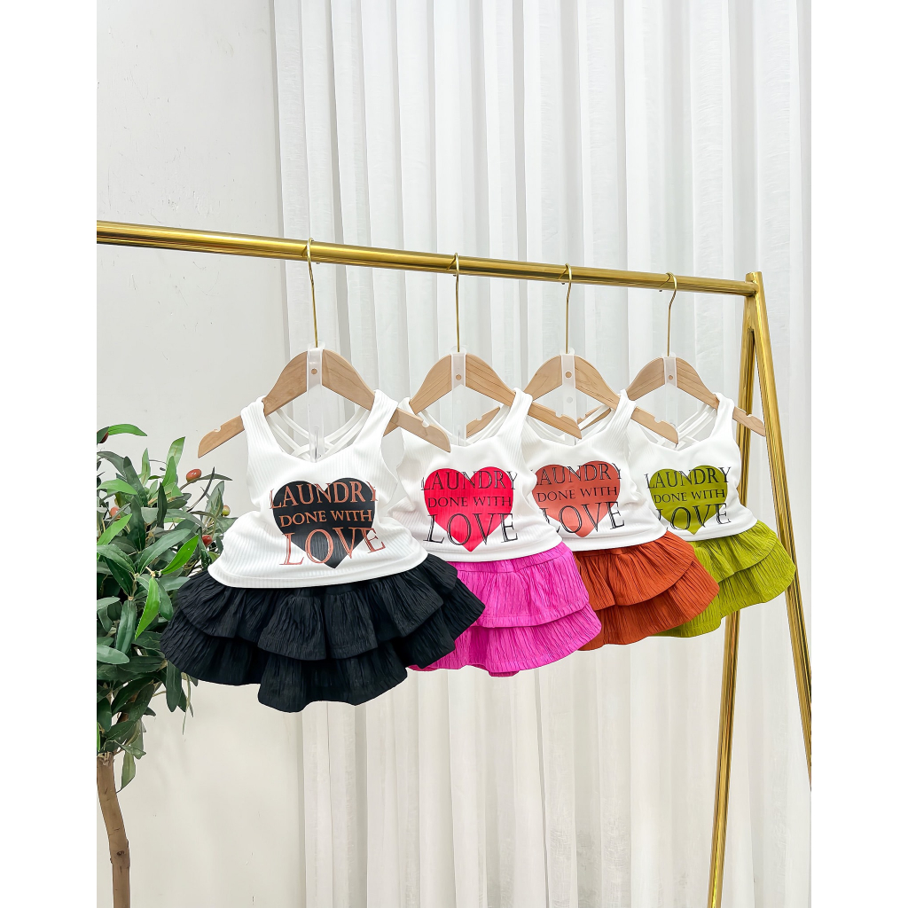 Set chân váy áo tim bé gái, chất thun mềm, co giãn thoải mái, thấm hút mồ hôi