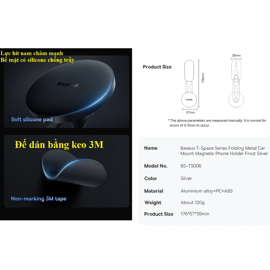 Giá đỡ điện thoại hít nam châm dạng gập dán màn hình trên ô tô Tesla Baseus T-Space BS-TS006