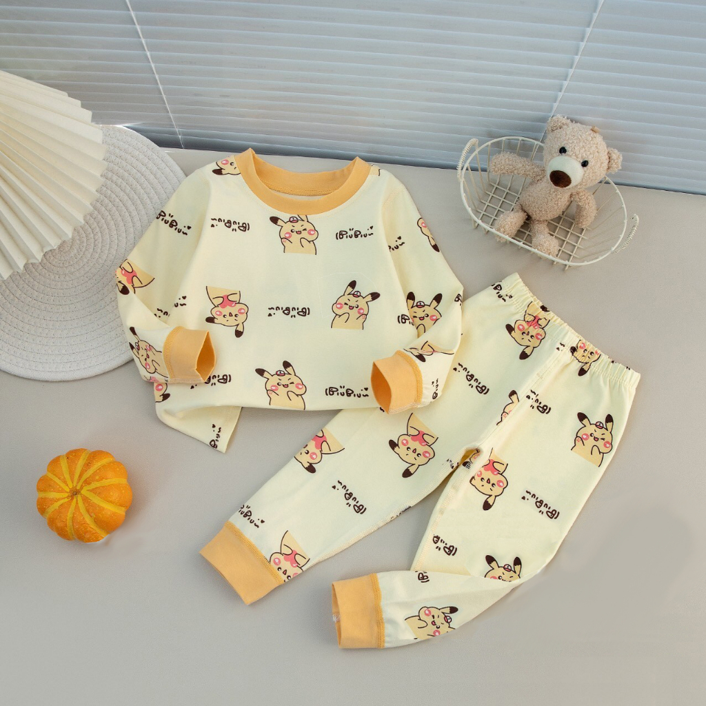 Đồ bộ dài tay bé trai Xuất Hàn 28-42kg bộ cotton Quảng Châu chất cotton họa tiết dễ thương quần áo trẻ em dài