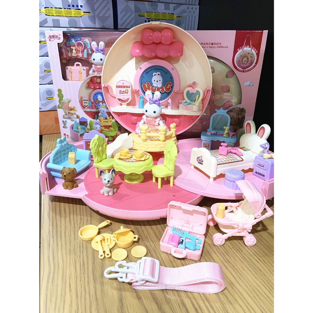 Đồ chơi Gia Đình Thỏ nhiều chi tiết, có quai đep cho bé Gái