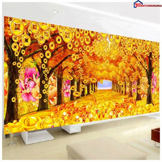 Tranh đính đá DF2677 (1m x 41cm), tranh thêu chữ thập rừng cây tiền vàng 88850 (78cm x 33cm)