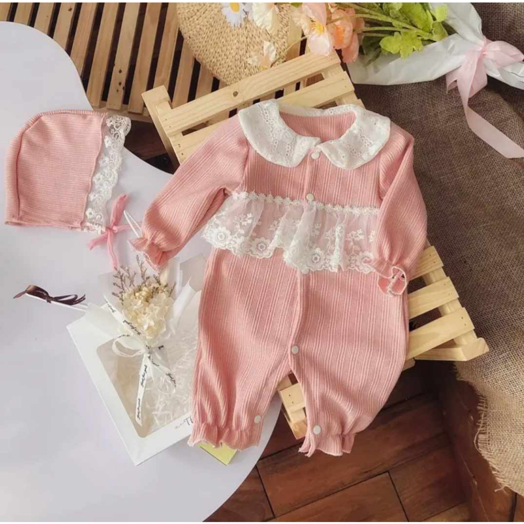 Body tăm gạo dài thân màu hồng cam kèm mũ 3-11 kg,body thu đầy tháng cho bé gái chất tăm gạo mềm