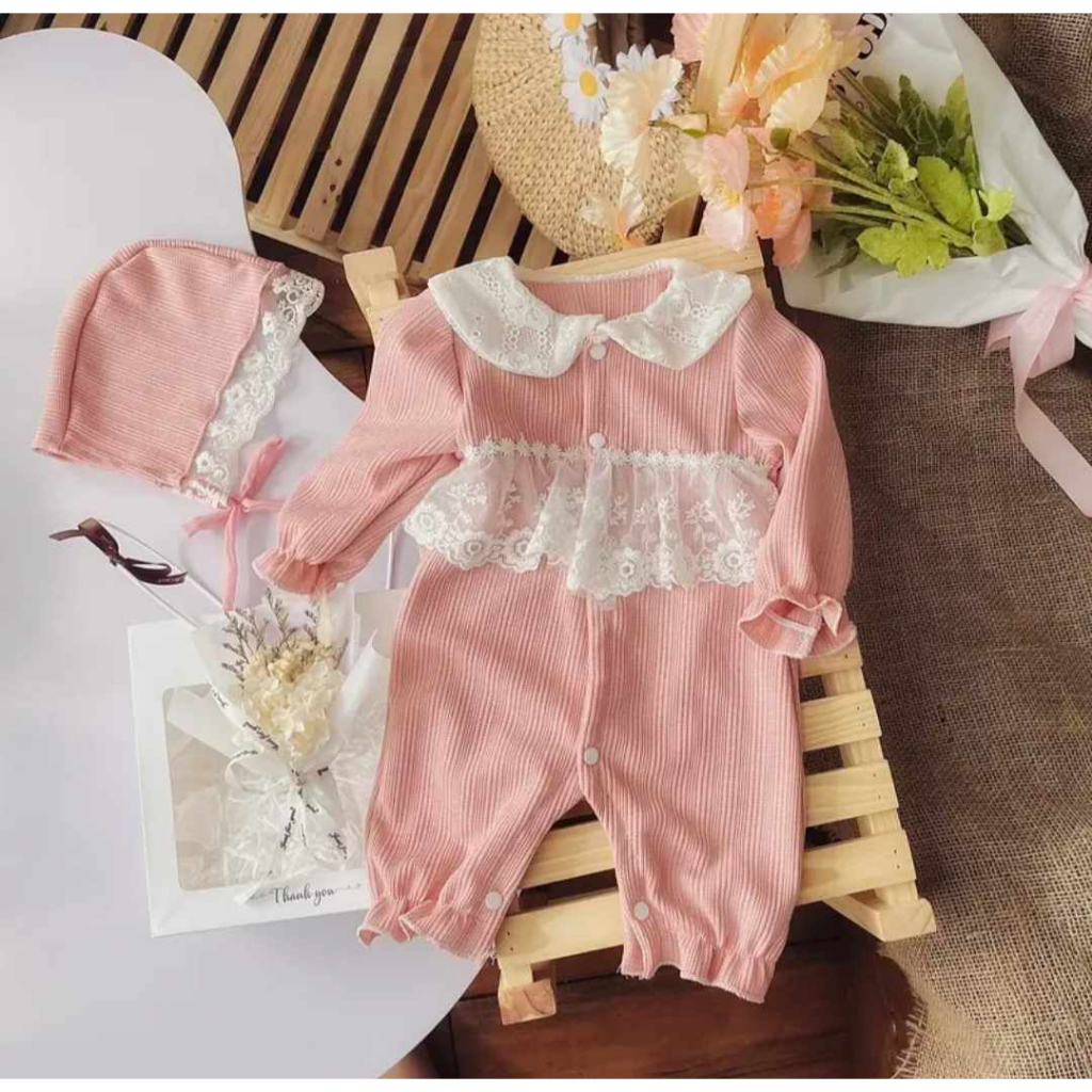 Body tăm gạo dài thân màu hồng cam kèm mũ 3-11 kg,body thu đầy tháng cho bé gái chất tăm gạo mềm