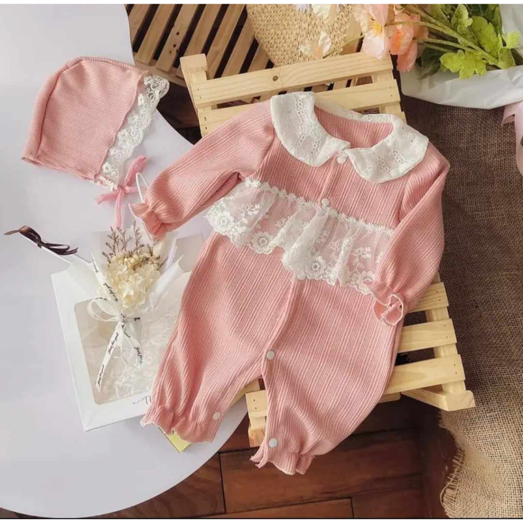 Body tăm gạo dài thân màu hồng cam kèm mũ 3-11 kg,body thu đầy tháng cho bé gái chất tăm gạo mềm