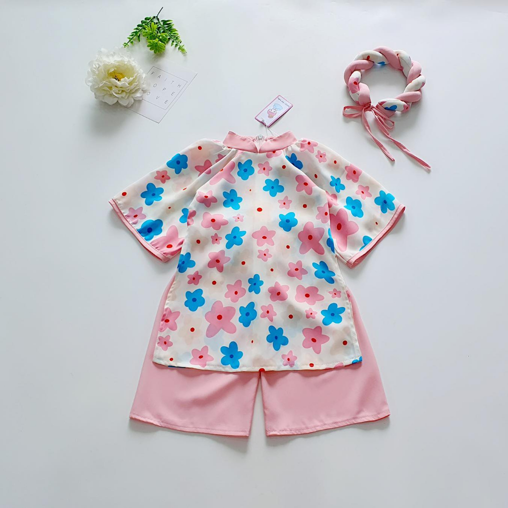 Áo dài hoa đào mẹ con kèm mấn 5-65 Kg kèm mấn ,Chất lụa mềm mịn