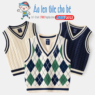  Áo gile cho bé WAPYPY áo len gile họa tiết kẻ viền quả trám vặn thừng thu đông mẫu mới 2024 