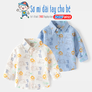 Áo sơ mi cho bé WELLKIDS áo sơ mi dài tay họa tiết hình thú đáng yêu thu đông 2023