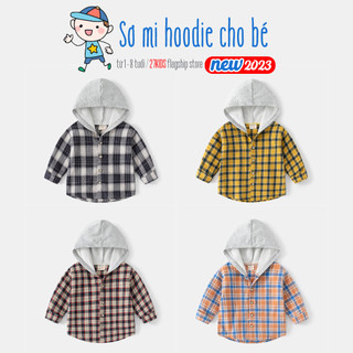 Áo sơ mi dạ hoodie cho bé WAPYPY áo sơ mi dài tay phối mũ nỉ họa tiết caro thu đông 2023
