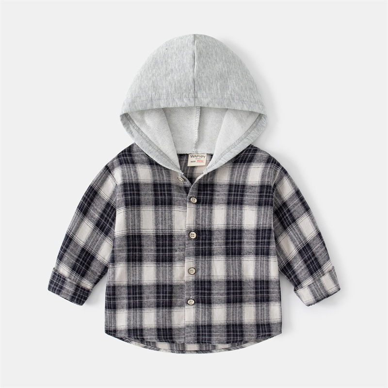 Áo sơ mi dạ hoodie cho bé WAPYPY áo sơ mi dài tay phối mũ nỉ họa tiết caro thu đông 2023